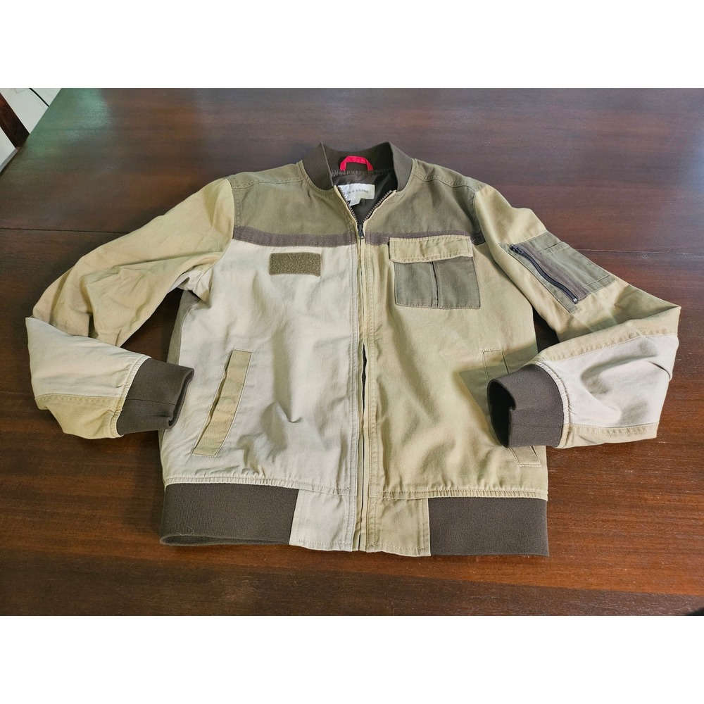 Sun + Stone Bomber Jacket Mens Small Green Tan Colorblock Utility Full Zip - Picture 2 of 10